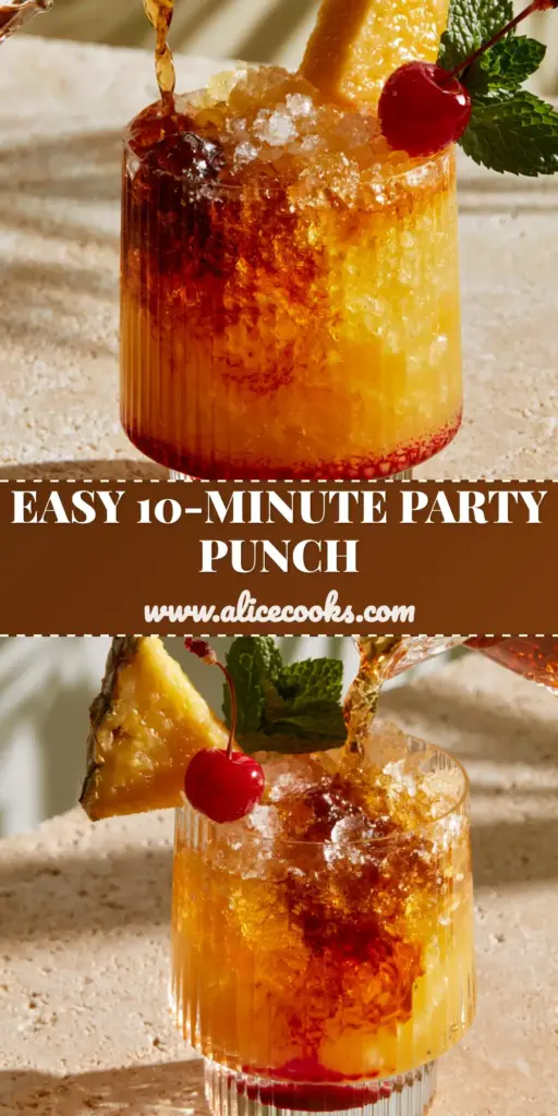 A tall ribbed glass filled with a layered amaretto island punch, featuring a golden-orange juice base and a crimson grenadine bottom, topped with crushed ice, a pineapple wedge, cherry, and mint.