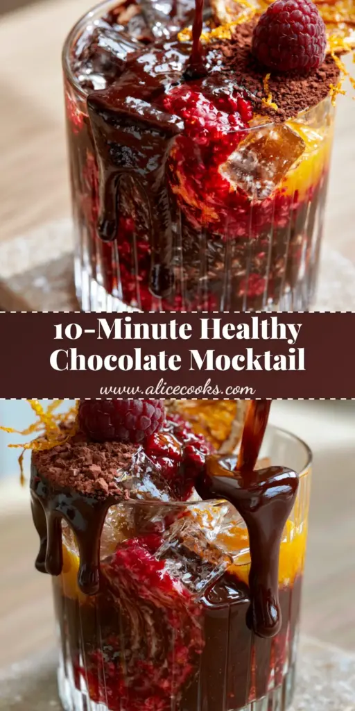 A tall ribbed crystal glass filled with Fruit Cocoa Punch, featuring dark chocolate drizzle, orange juice, and a raspberry garnish on a wooden table.