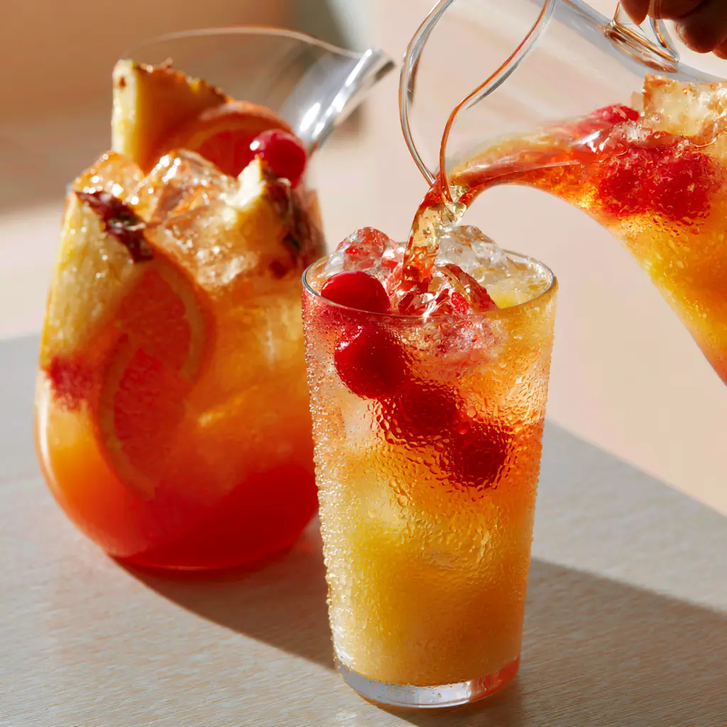 A handheld smartphone photo of Amaretto Island Punch being poured from a glass pitcher into a highball glass on an oak table. (Amaretto Island Punch)