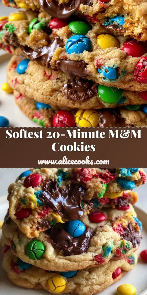 A tall stack of soft-batch mini m&m chocolate chip cookies on a white plate with a warm chocolate pull. (soft-batch mini m&m chocolate chip cookies)