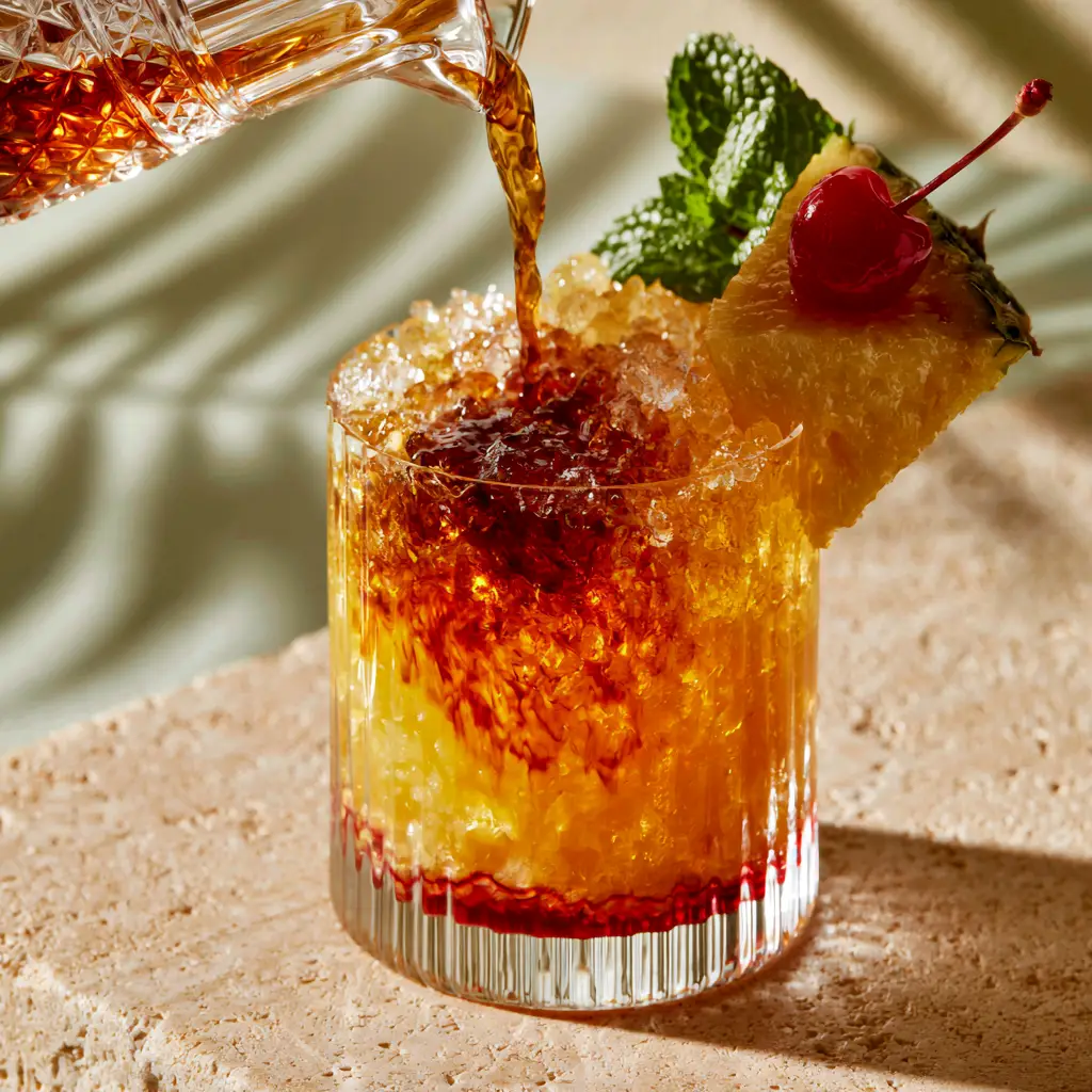 Close-up of amaretto island punch being poured into a ribbed glass with crushed ice under warm golden-hour light.