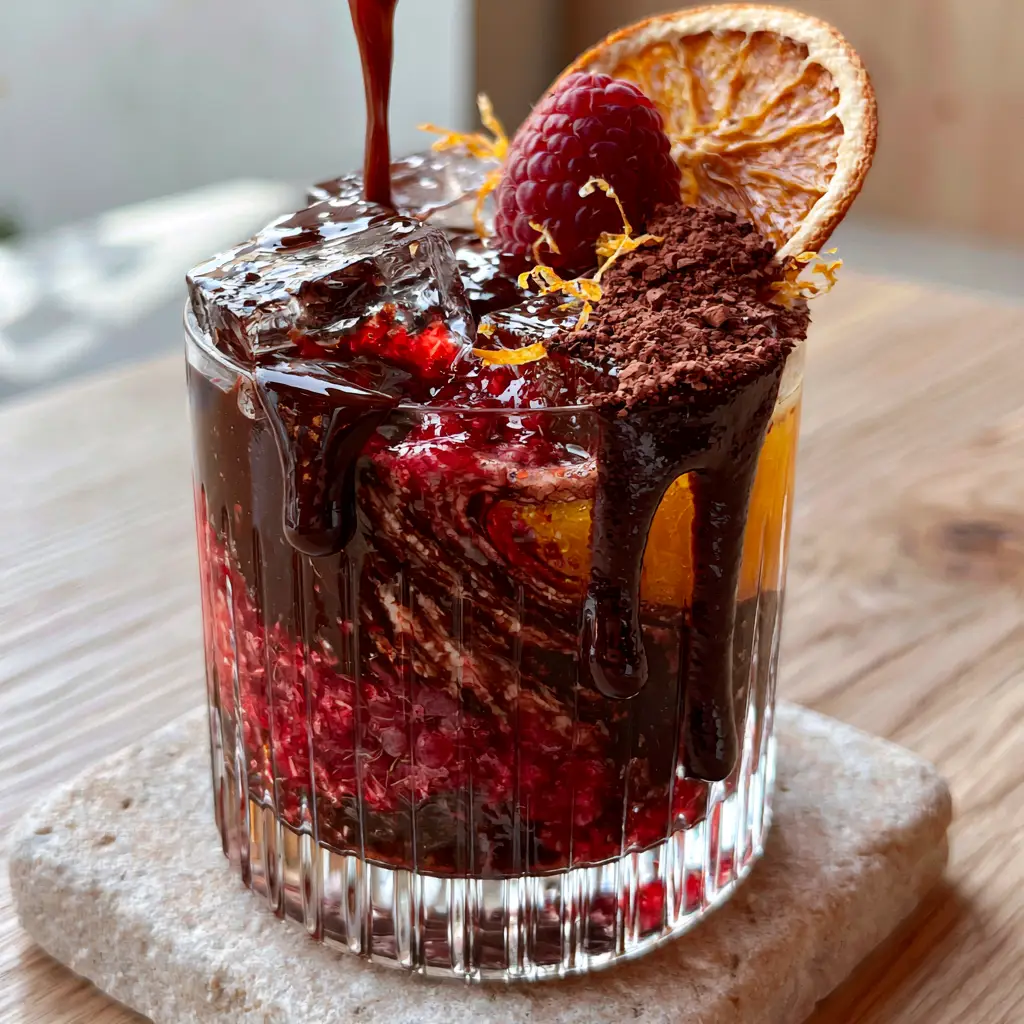 Dynamic pour shot of a rich dark Fruit Cocoa Punch splashing into a crystal glass with clear ice cubes and vibrant fruit layers.