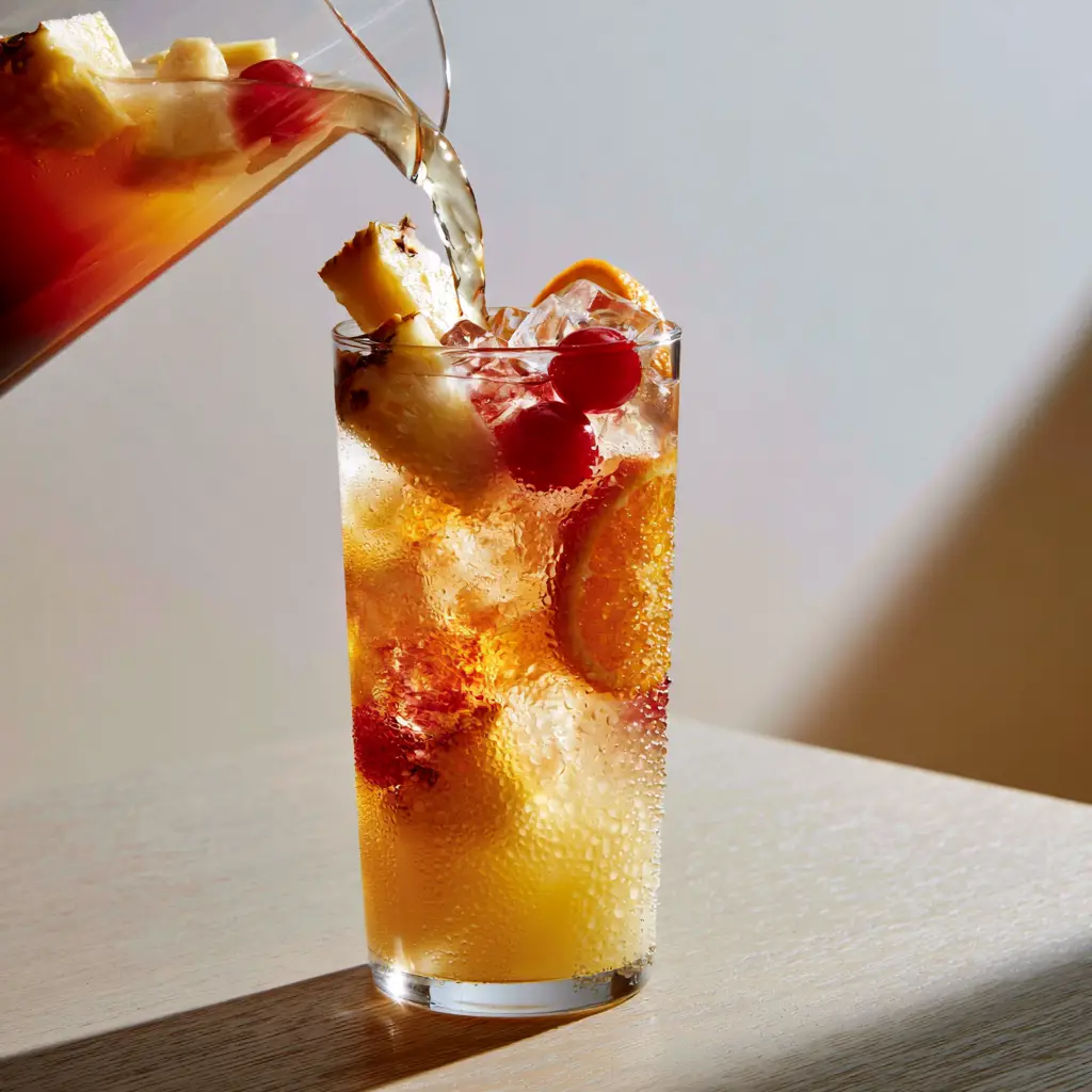 A close-up shot of the Amaretto Island Punch pitcher showing condensation, fresh pineapple wedges, and bright maraschino cherries.