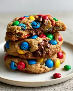 Close-up smartphone photo of soft-batch mini m&m chocolate chip cookies showing colorful candies and melted chocolate. (soft-batch mini m&m chocolate chip cookies)