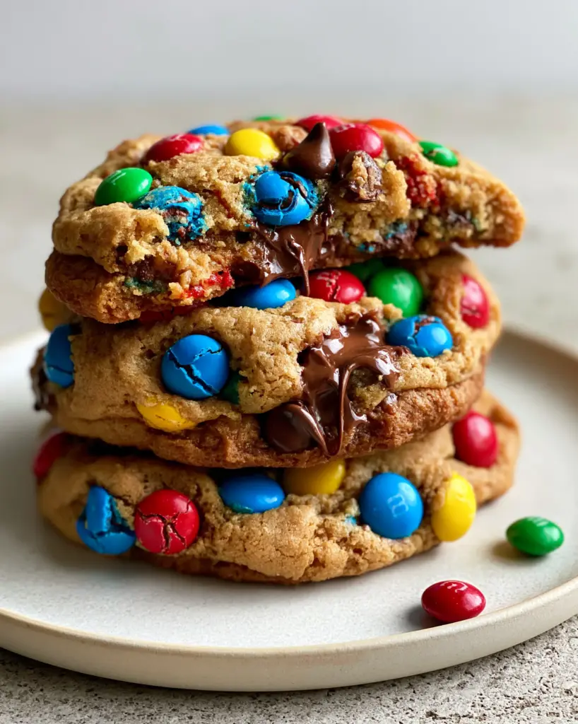 Close-up smartphone photo of soft-batch mini m&m chocolate chip cookies showing colorful candies and melted chocolate. (soft-batch mini m&m chocolate chip cookies)