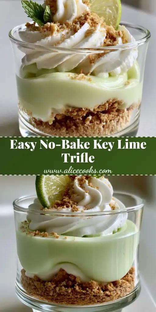 A tall, elegant glass filled with a key lime pie trifle featuring golden graham cracker crumbs, pale-green pudding, and a tall whipped cream swirl.