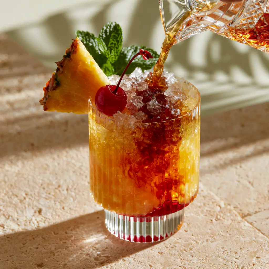 Eye-level view of a finished amaretto island punch with visible layers of crimson grenadine at the bottom and fresh garnishes of mint and pineapple.
