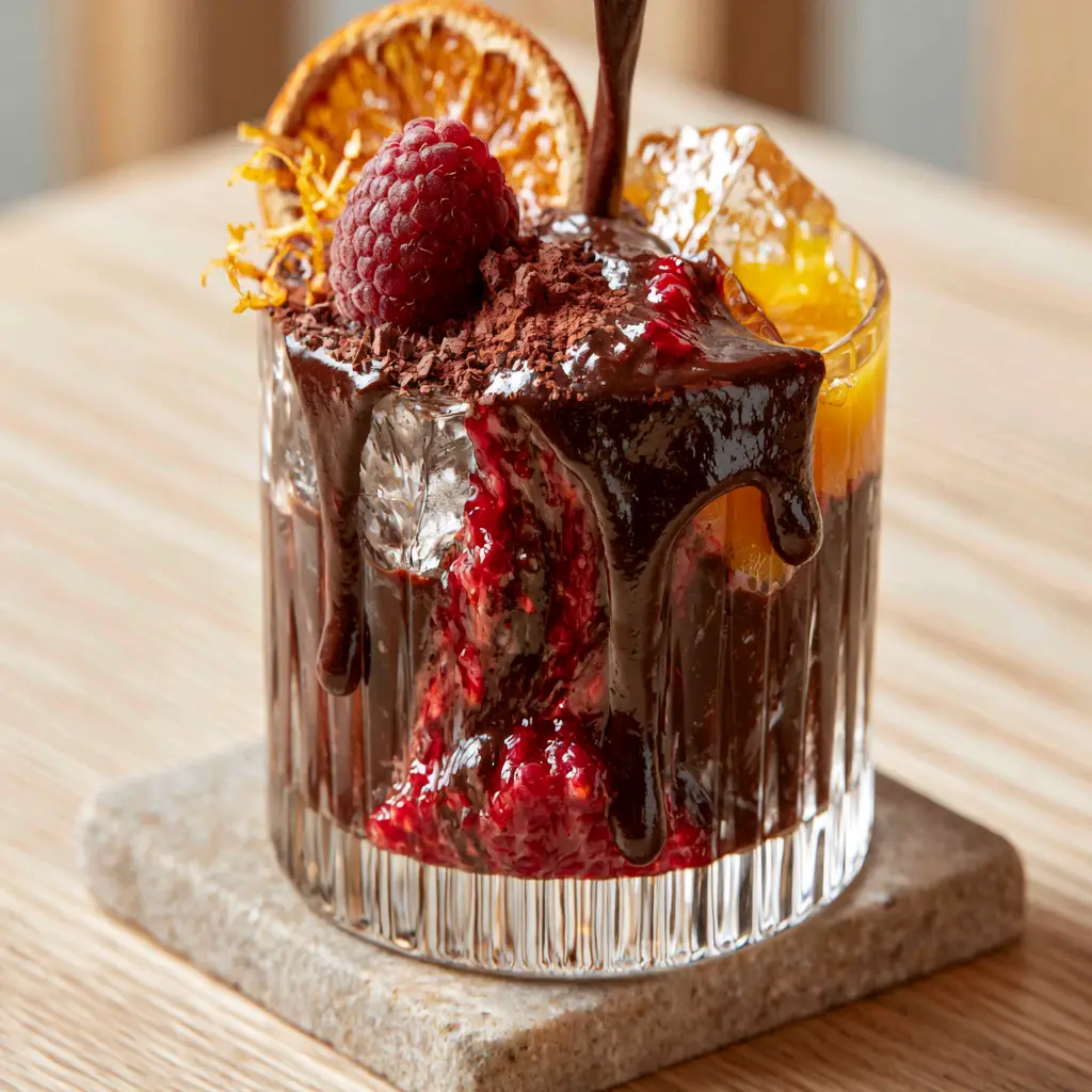 Close-up of Fruit Cocoa Punch garnishes including a dehydrated orange wheel, raw cacao powder, and fine orange zest on a minimalist background.