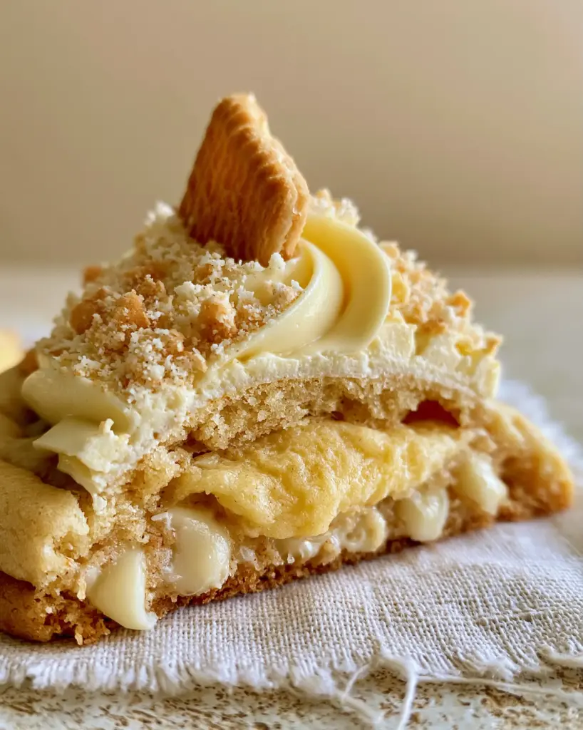 Eye-level view of thick banana pudding cookies with piped pale yellow frosting and golden vanilla wafers.