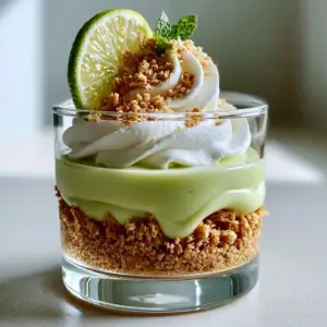 Eye-level close-up of a key lime pie trifle in a clear glass cup with distinct layers of crumbs and pudding.
