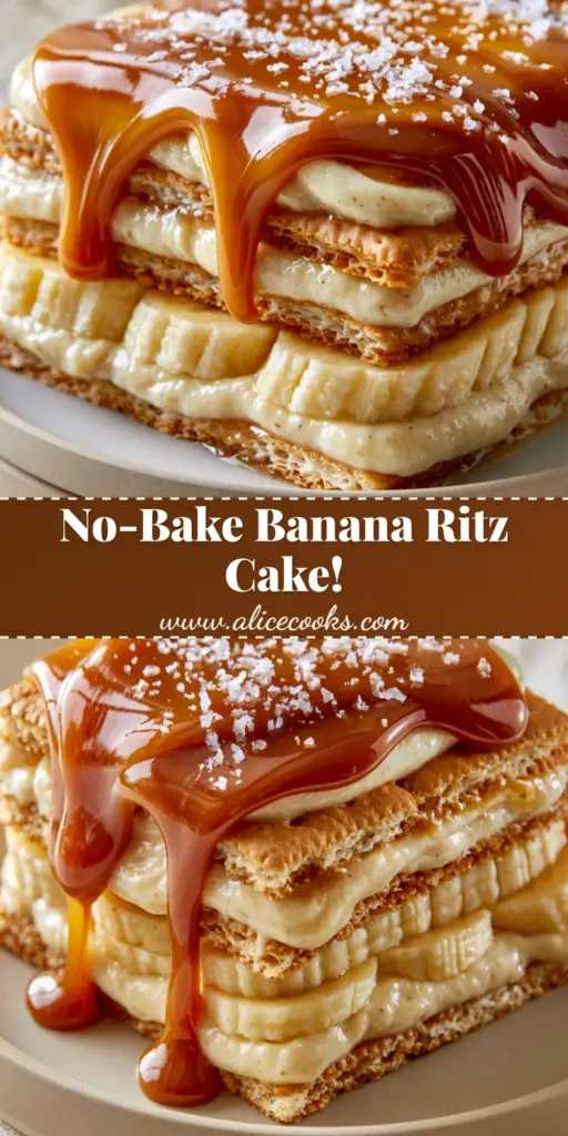A close-up slice of Salted Caramel Banana Ritz Icebox Cake featuring distinct layers of golden crackers and thick pastry cream with caramel dripping down the side.