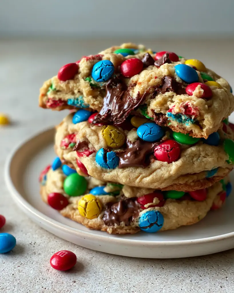 A stack of thick cookies on a ceramic plate with one broken in half to show the gooey center.