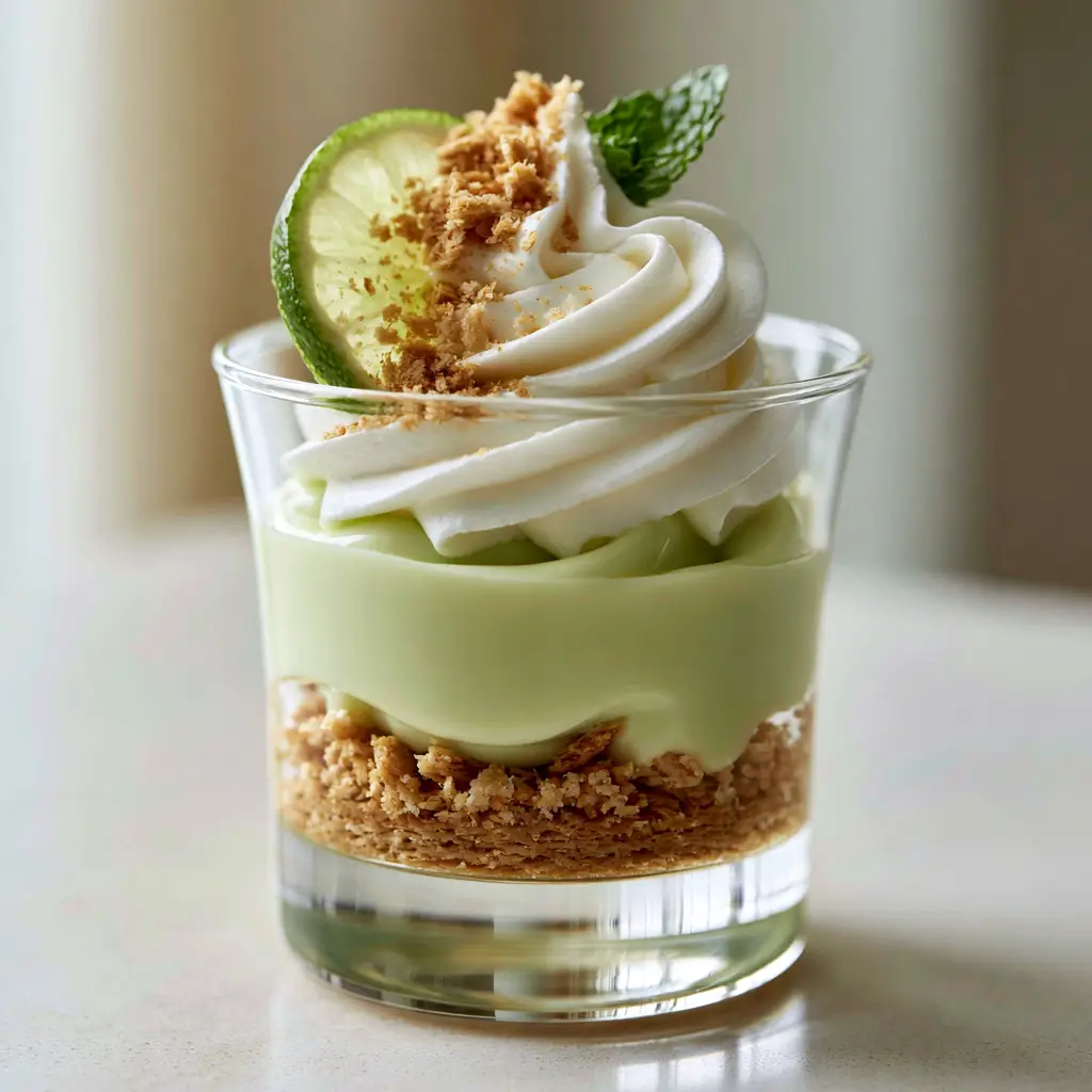 Handheld smartphone photo of a luscious key lime pie trifle with a mint leaf and key lime slice garnish.