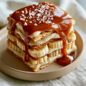 An angled view of a Salted Caramel Banana Ritz Icebox Cake slice on a modern beige plate showing the thick velvety pastry cream layers.