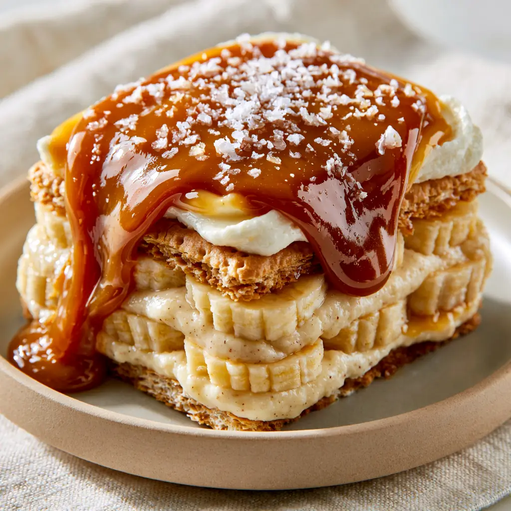 Close up of glossy amber salted caramel dripping over the edge of a banana Ritz icebox cake slice with flaky sea salt.