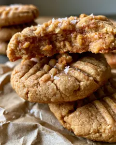 Extreme close-up of Peanut Butter Pudding Cookies showing the rustic fork pattern and flaky sea salt crystals.