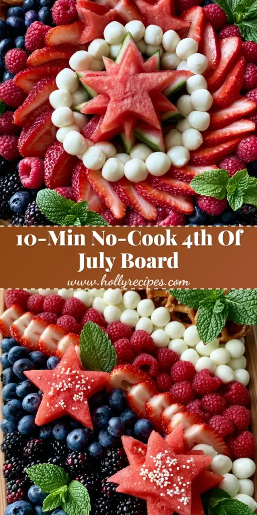 A flat lay of a 4th of July grazing board with watermelon stars, blueberries, and mozzarella pearls on a wooden tray. (4th of July party ideas)