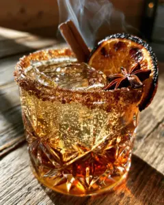 Handheld photo showing a dynamic pour into spiced rum cocktails with fizzy bubbles and a thick caramelized cinnamon-sugar rim.