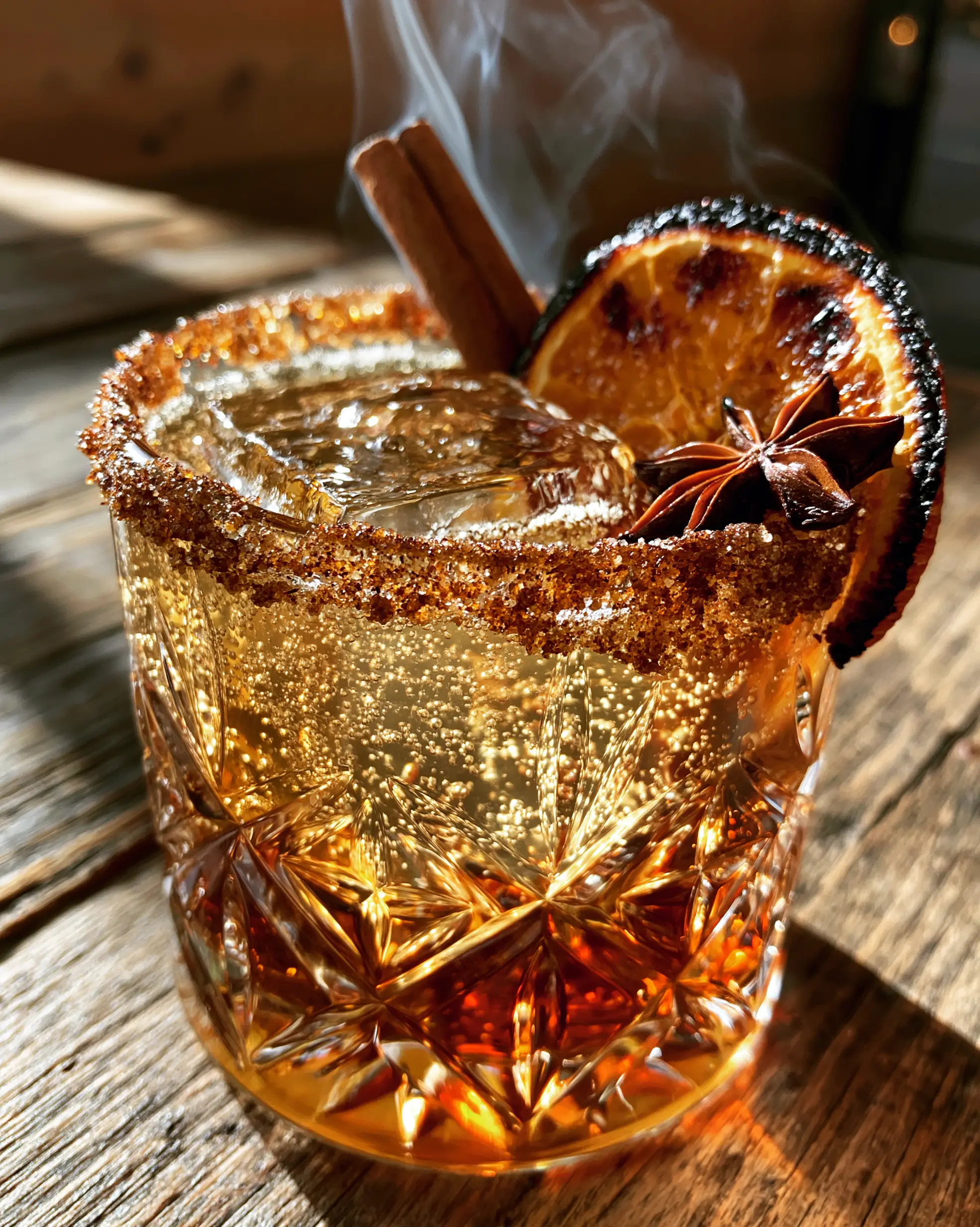 Handheld photo showing a dynamic pour into spiced rum cocktails with fizzy bubbles and a thick caramelized cinnamon-sugar rim.