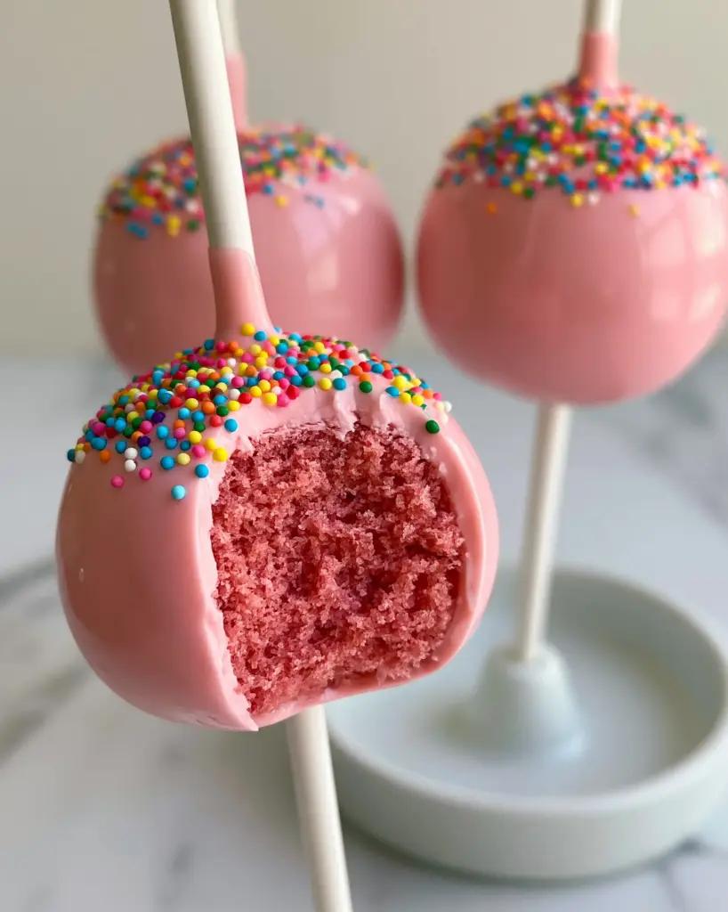 Three Birthday Cake Pops with perfectly smooth, crack-free pastel pink coating and colorful sprinkles.