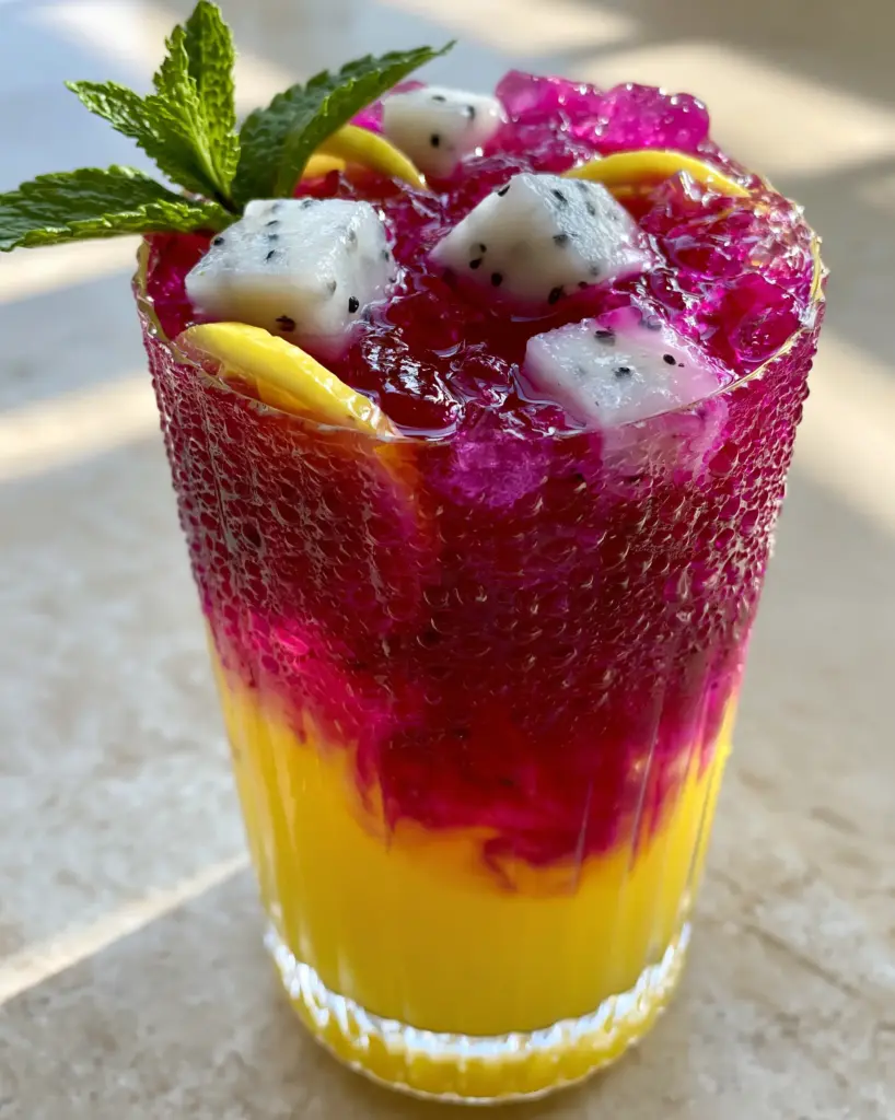 Close up of dragon fruit lemonade showing square ice cubes and white dragon fruit cubes with black seeds in a ribbed glass.