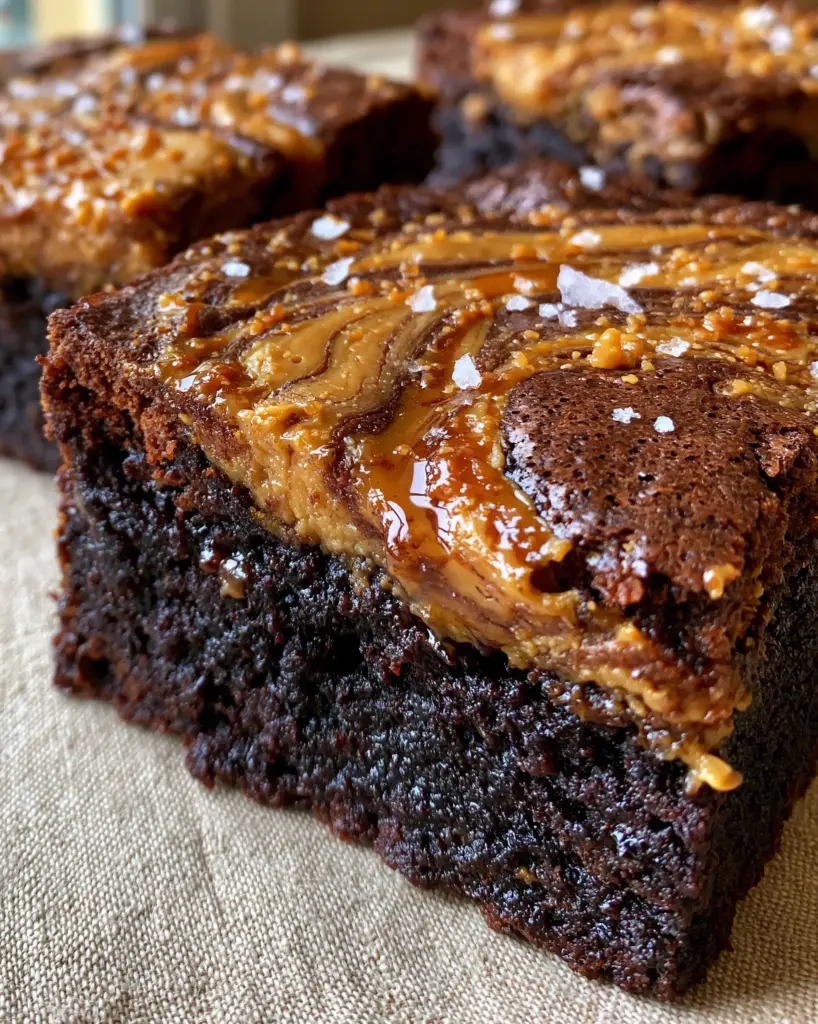 A close-up view of the shiny, paper-thin crackled crust and melted peanut butter drizzle on a dark chocolate brownie.