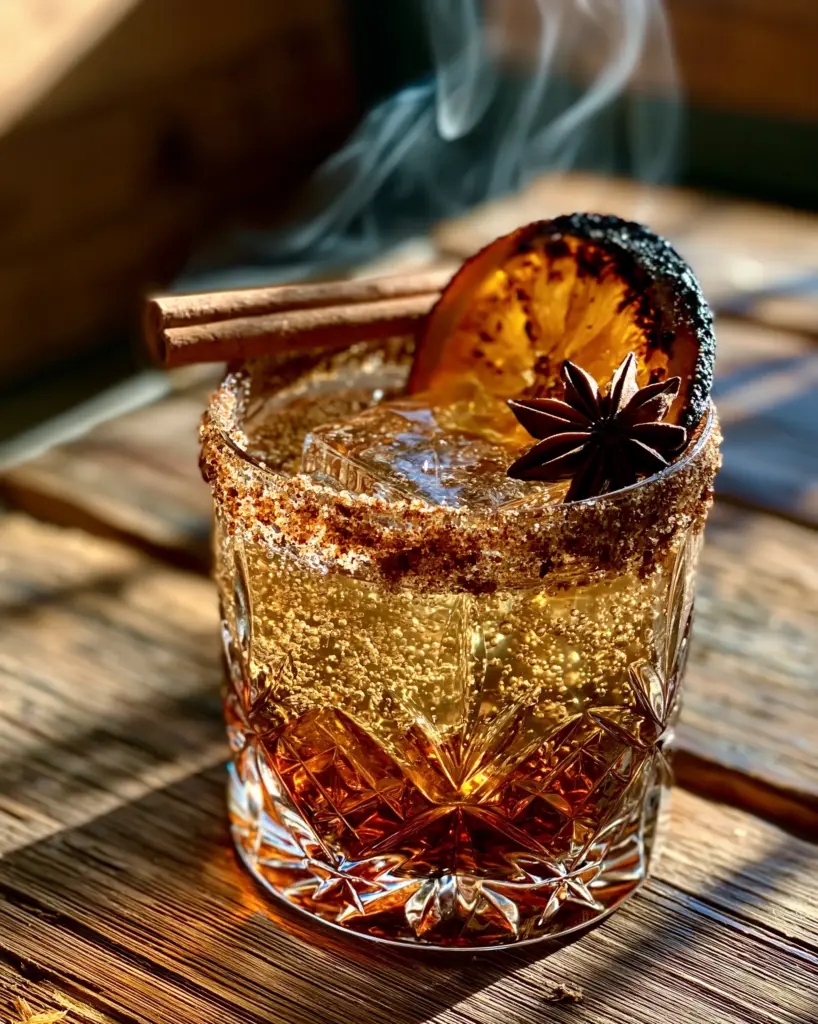 Detailed view of the garnishes in spiced rum cocktails including star anise and a charred orange wheel in a textured crystal glass.