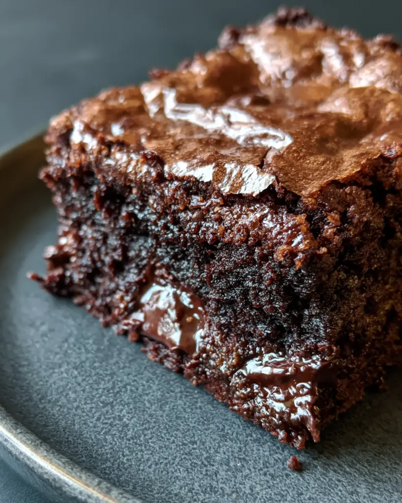 Brown Butter Espresso Brownies with a Paper-Thin Crinkle Top 1 Detailed shot of half-melted dark chocolate chunks inside a dense fudgy brown butter espresso brownie.