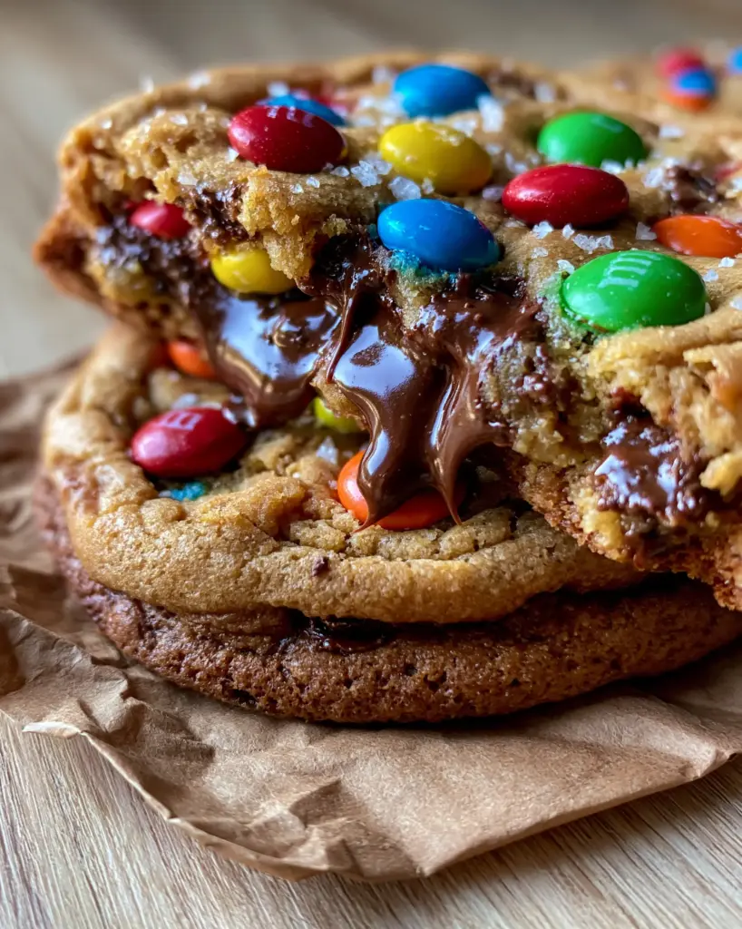 M&M Cookies: The Ultimate Thick and Chewy Bakery-Style Recipe 2 Eye-level shot of a stack of two ultra-thick M&M cookies, one broken to reveal a gooey soft-baked center and chocolate pools. (M&M cookies)