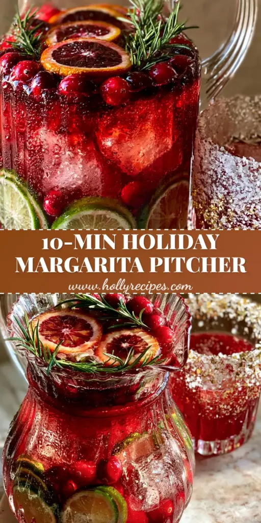 A close-up of a holiday margarita in a rocks glass with a thick gold sugar and sea salt rim, garnished with rosemary and lime.
