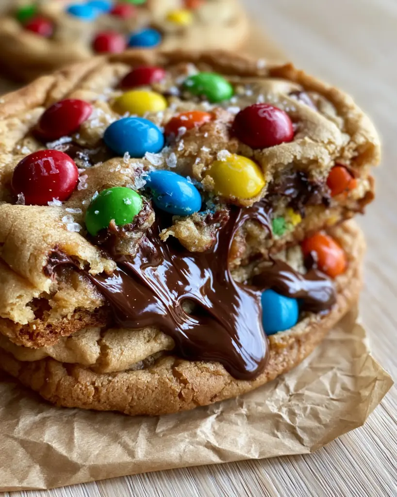 M&M Cookies: The Ultimate Thick and Chewy Bakery-Style Recipe 1 Close-up of golden-brown M&M cookies with whole un-cracked red, blue, green, and orange candies on wrinkled parchment paper.