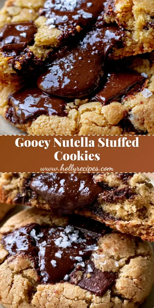 A split-open chocolate stuffed cookie on a beige plate showing a molten hazelnut center and melted dark chocolate chunks with flaky salt.