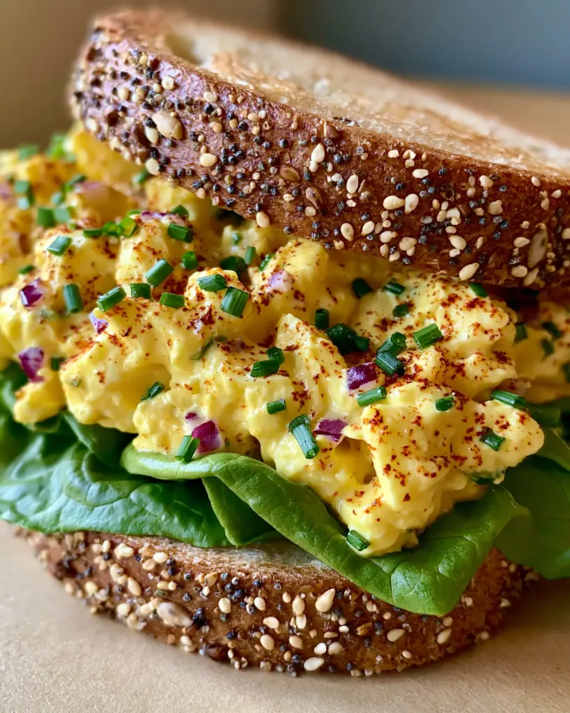Makeup of the Ultimate Gourmet Seeded Sourdough Egg Salad Sandwich 2 Handheld photo showing layers of creamy yellow egg salad, chives, and red onion on sourdough. (makeup)