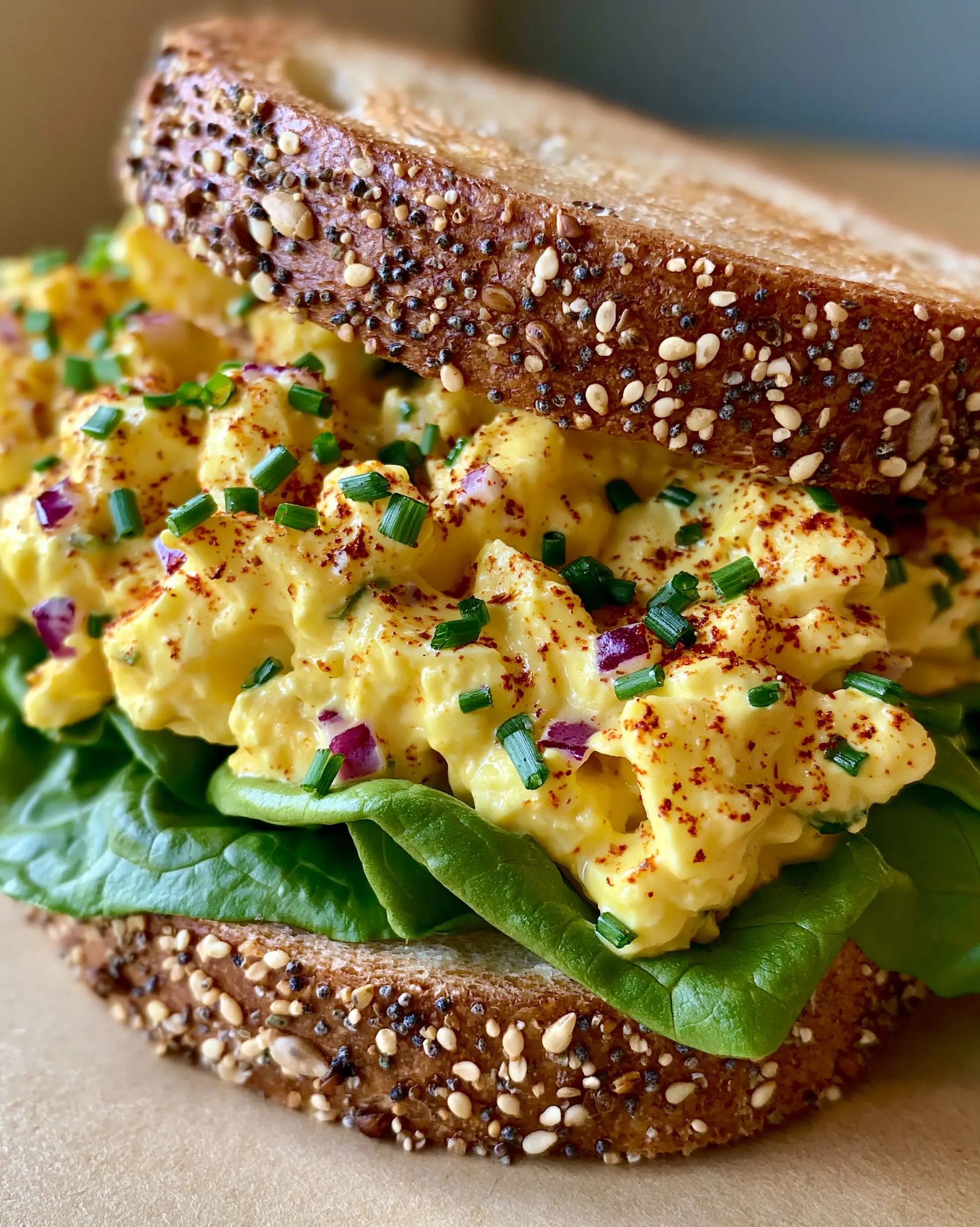 Makeup of the Ultimate Gourmet Seeded Sourdough Egg Salad Sandwich 3 Handheld photo showing layers of creamy yellow egg salad, chives, and red onion on sourdough. (makeup)