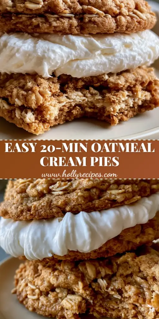 A stacked handheld oatmeal cream pie with a bite removed, showing a thick marshmallow buttercream layer and visible rolled oats. (oatmeal cream pies)