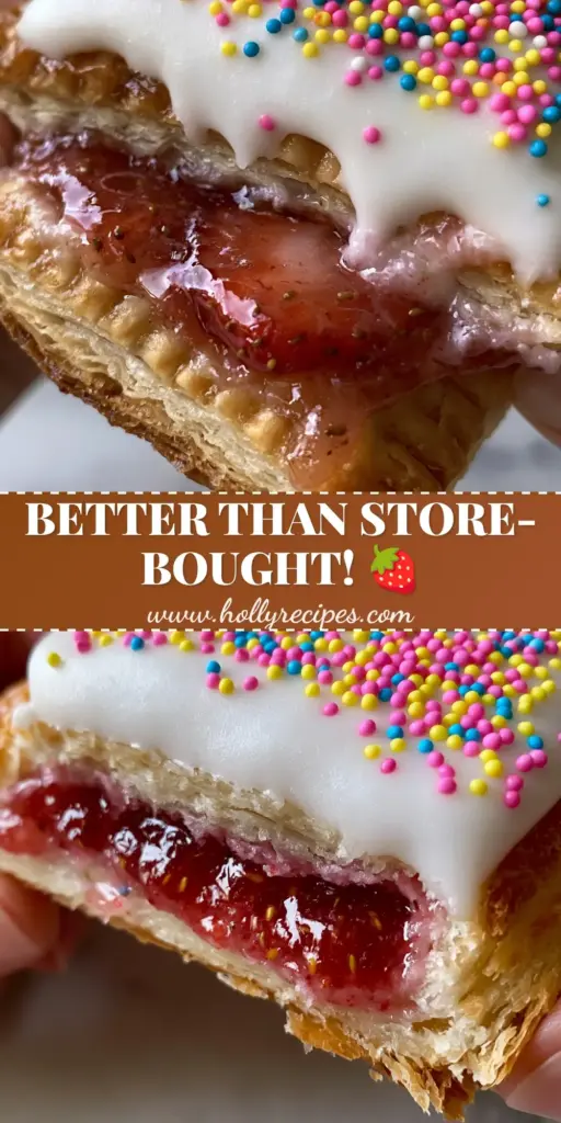 Homemade Pop Tarts with Flaky Puff Pastry and Strawberry Jam 4 A close-up of golden flaky homemade pop tarts topped with thick white glaze and rainbow sprinkles on a marble surface.