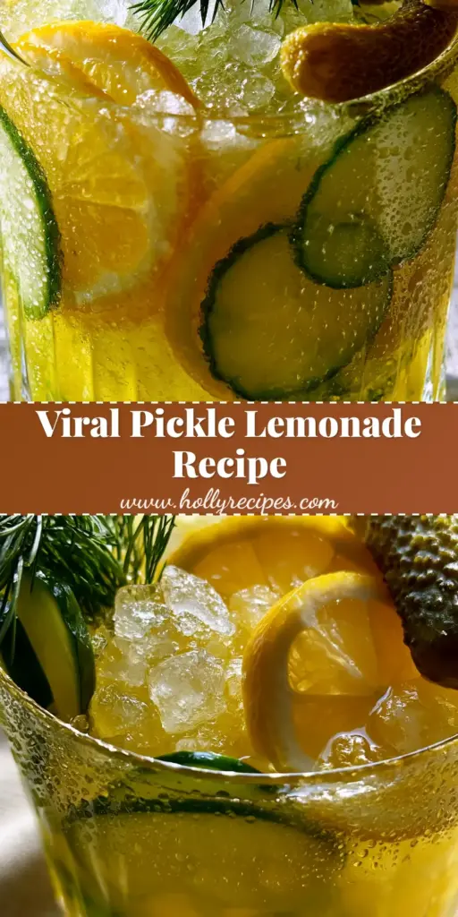 A tall ribbed glass filled with Pickle Lemonade, crushed ice, lemon wheels, cucumber slices, a dill sprig, and a gherkin garnish. (Pickle Lemonade)