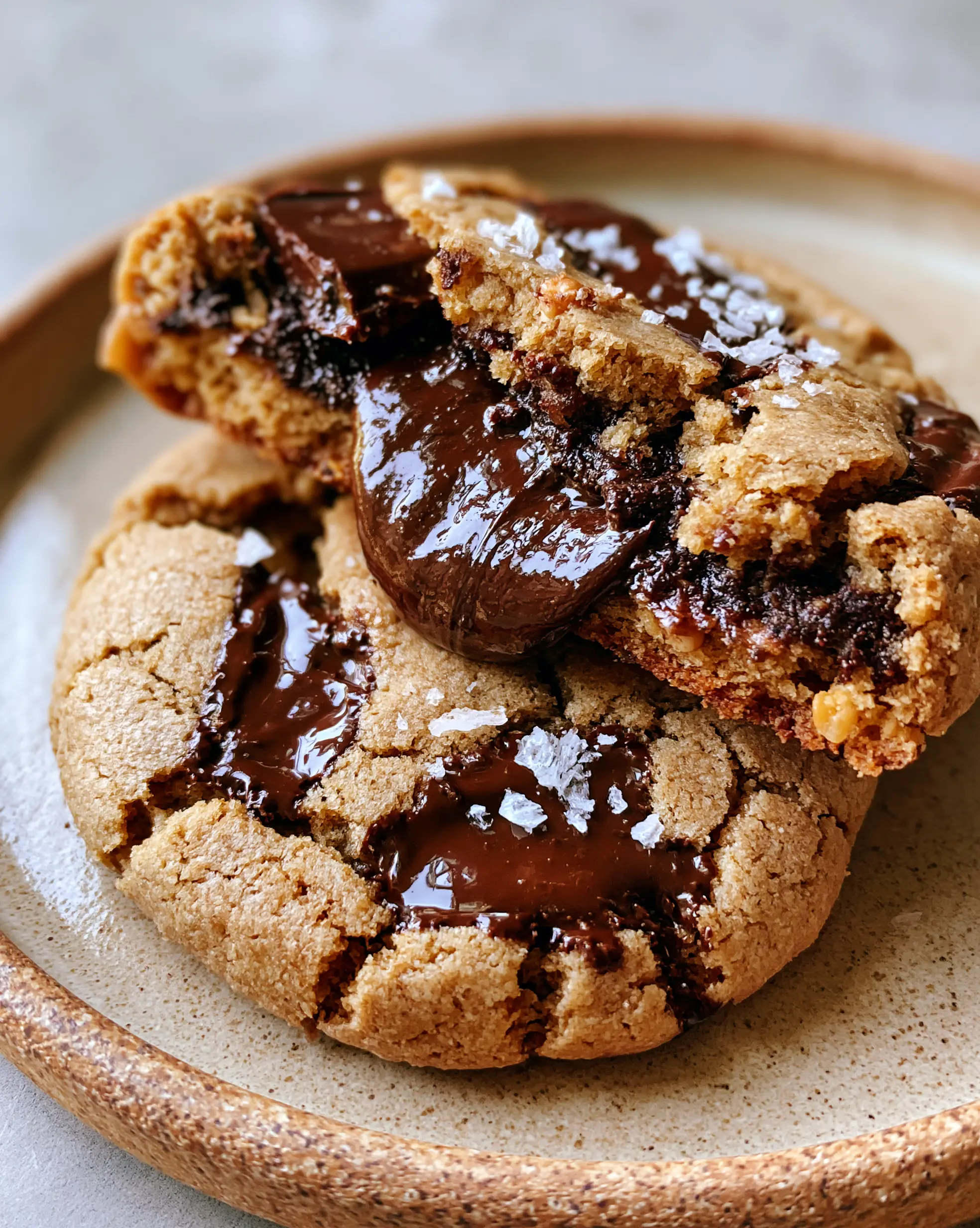 Close up of a warm chocolate stuffed cookie pulled apart to reveal a glossy dark brown hazelnut center.