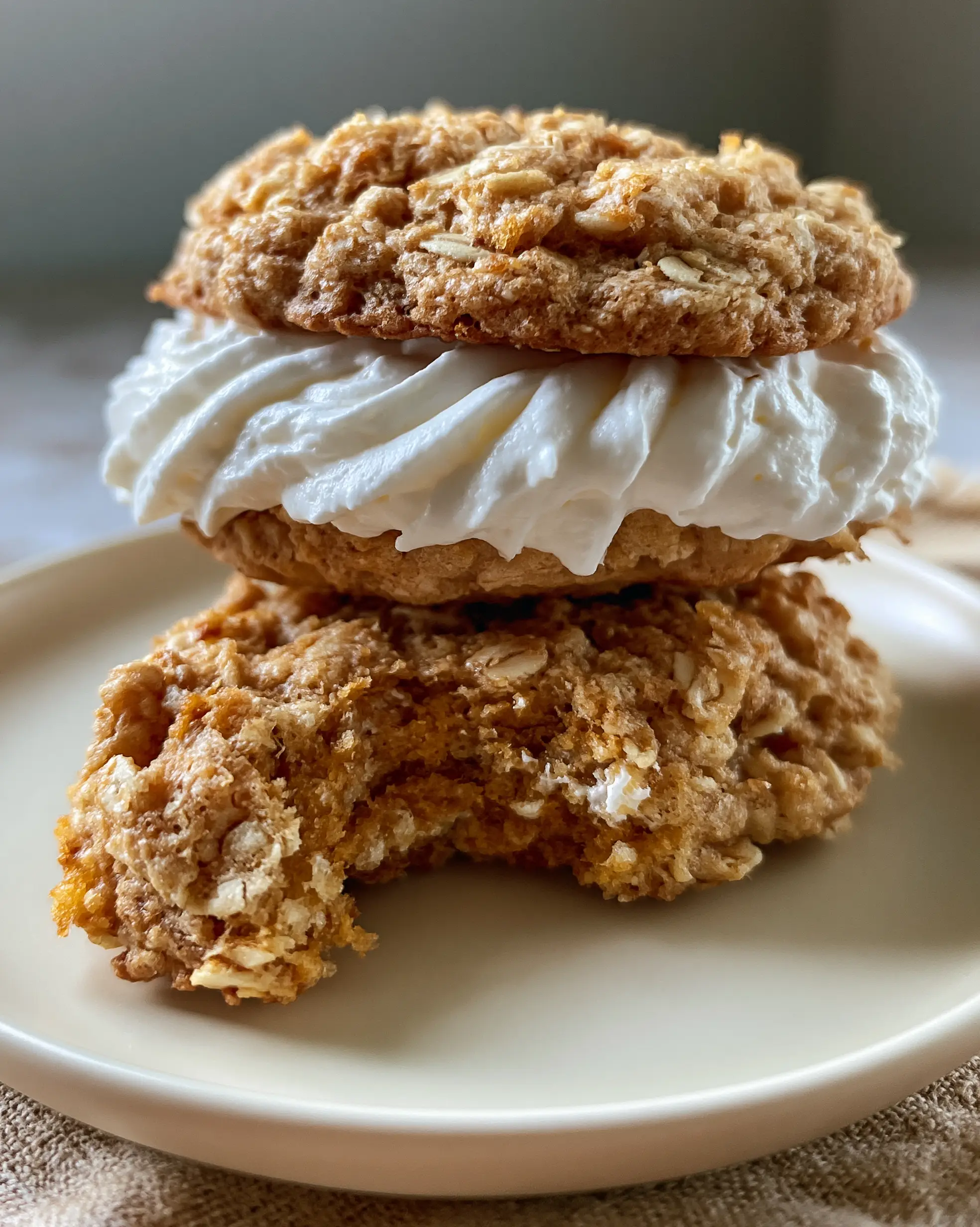 Close-up eye-level view of stacked oatmeal cream pies on a cream ceramic plate with soft natural lighting. (oatmeal cream pies)