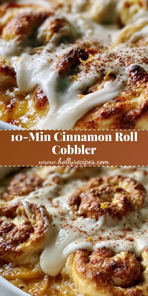 A stack of peach cobbler cinnamon rolls in a white ceramic dish featuring thick white glaze and caramelized peaches.
