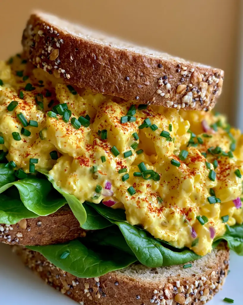Makeup of the Ultimate Gourmet Seeded Sourdough Egg Salad Sandwich 1 Top view of an egg salad sandwich on seeded sourdough with smoked paprika dusting.