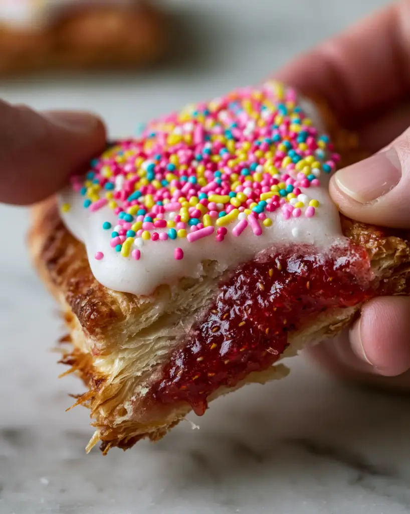Homemade Pop Tarts with Flaky Puff Pastry and Strawberry Jam 2 A macro pull-apart shot of homemade pop tarts revealing the thick glistening ruby-red strawberry jam interior and flaky pastry shards.