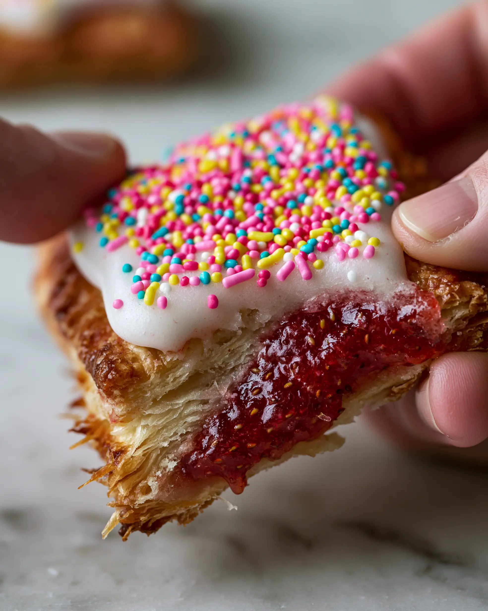Homemade Pop Tarts with Flaky Puff Pastry and Strawberry Jam 3 A macro pull-apart shot of homemade pop tarts revealing the thick glistening ruby-red strawberry jam interior and flaky pastry shards.