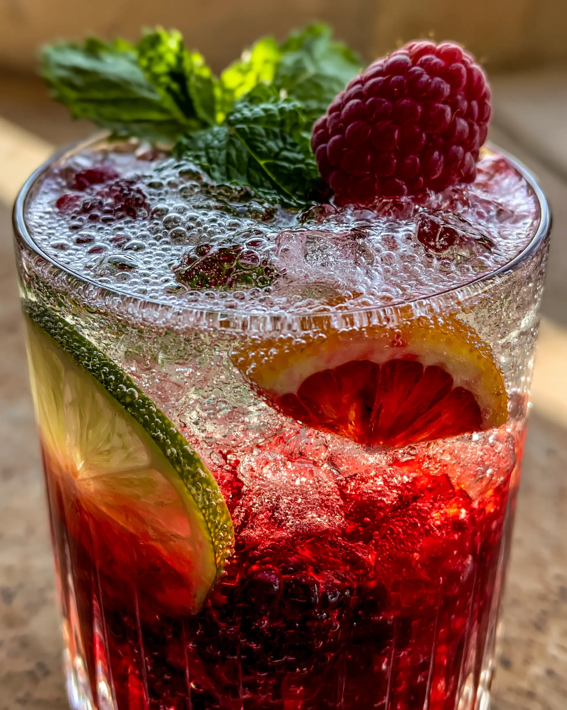 Close-up handheld smartphone photo of a vibrant, layered summer drink mocktail with sparkling water fizz. (summer drinks)