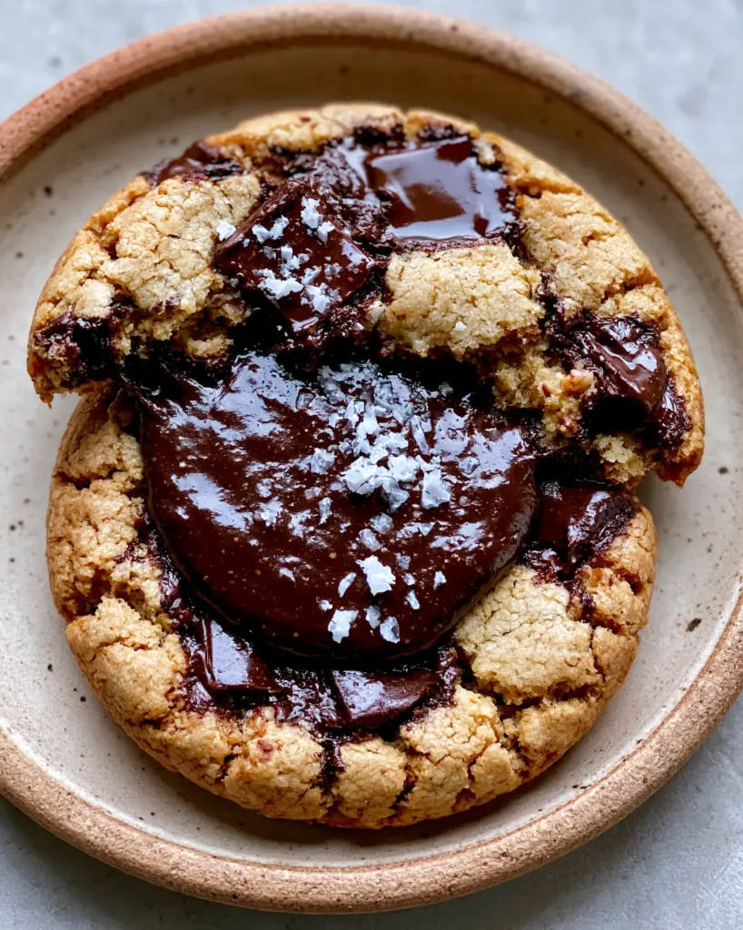 A warm chocolate chip cookie with a golden-brown cracked surface and pools of melted dark chocolate.
