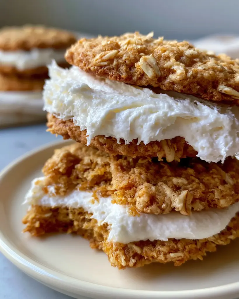 Homemade oatmeal cream pies showing the thick fluffy buttercream filling pressing outward between two chewy cookies.