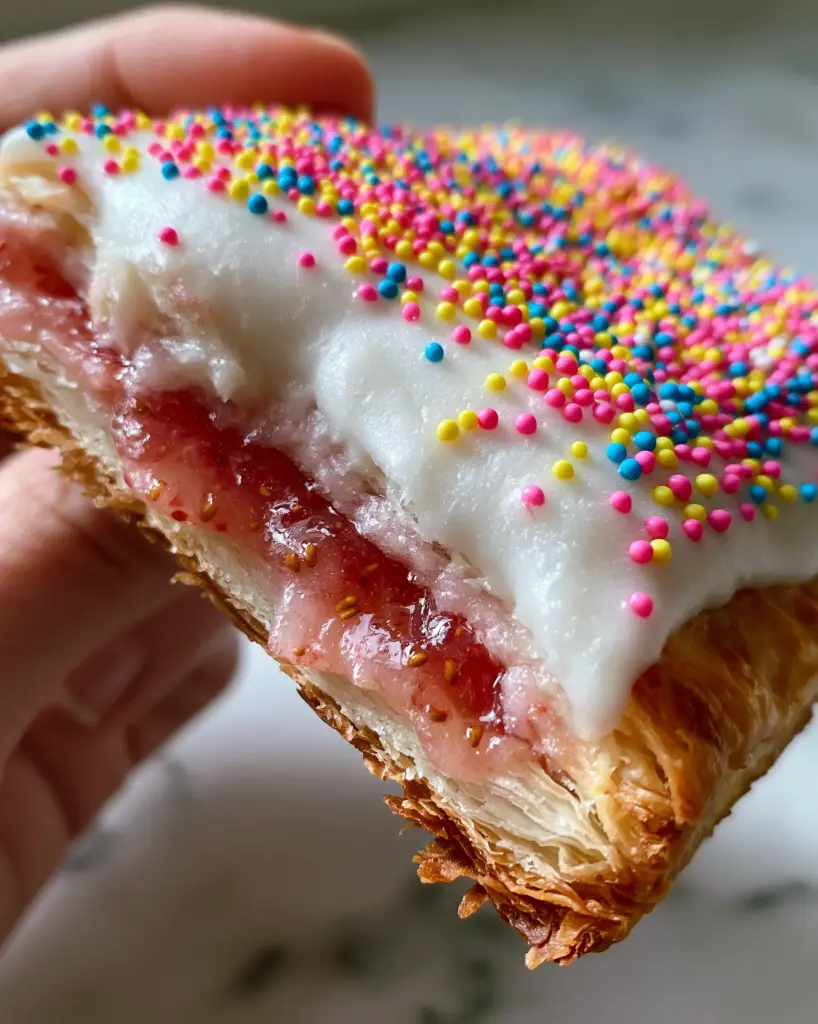 Homemade Pop Tarts with Flaky Puff Pastry and Strawberry Jam 1 Detailed view of the opaque white vanilla glaze and multicolored rainbow sprinkles on a toasted golden homemade pop tart.
