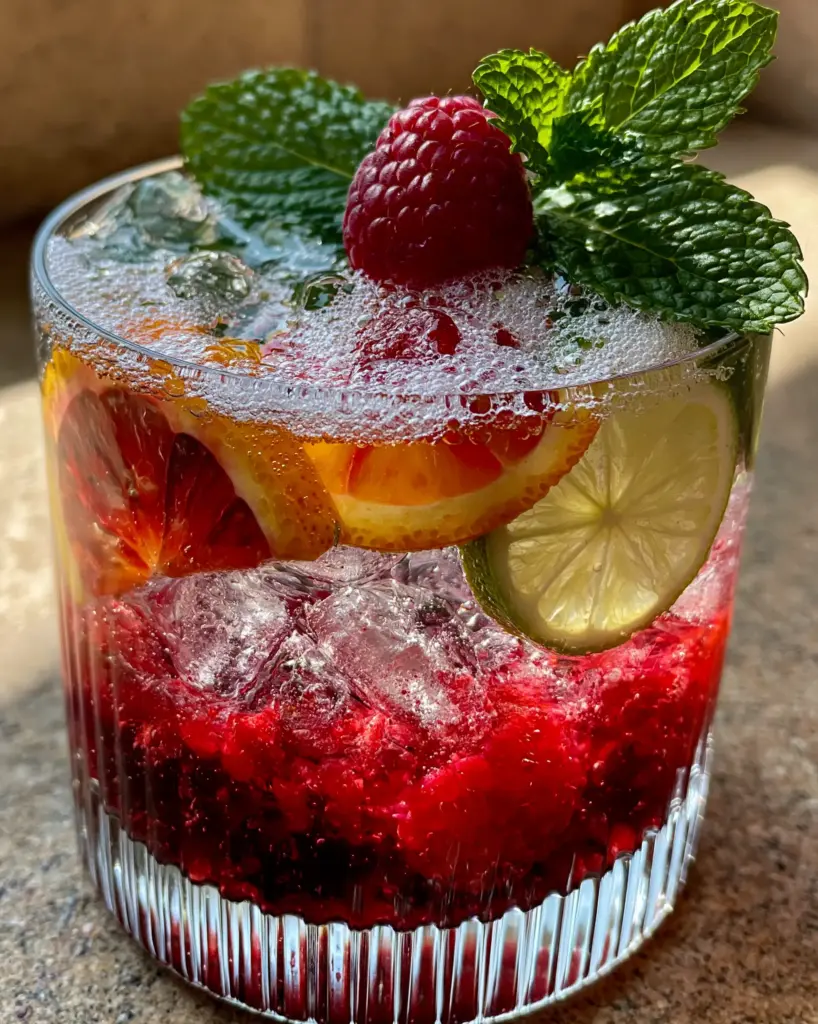 A modern ribbed glass showcasing the crimson berry base and floating citrus wheels of these summer drinks.