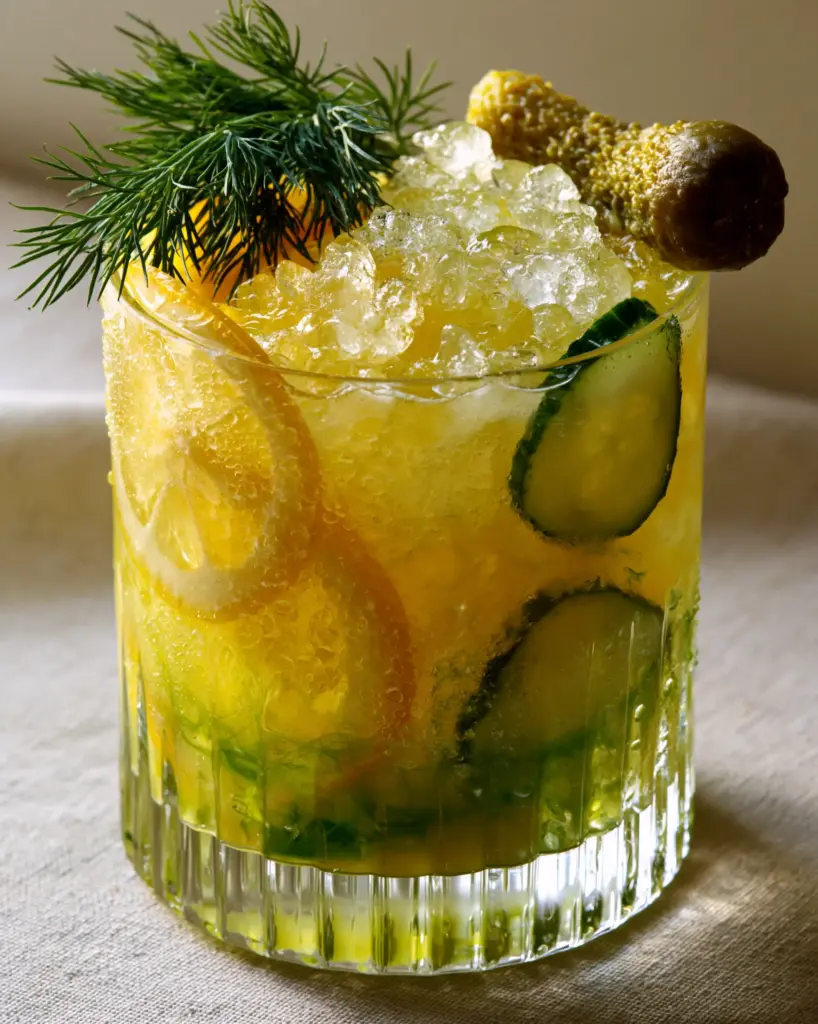 Aesthetic smartphone photo of Pickle Lemonade with dew-like condensation on the ribbed glass. (Pickle Lemonade)