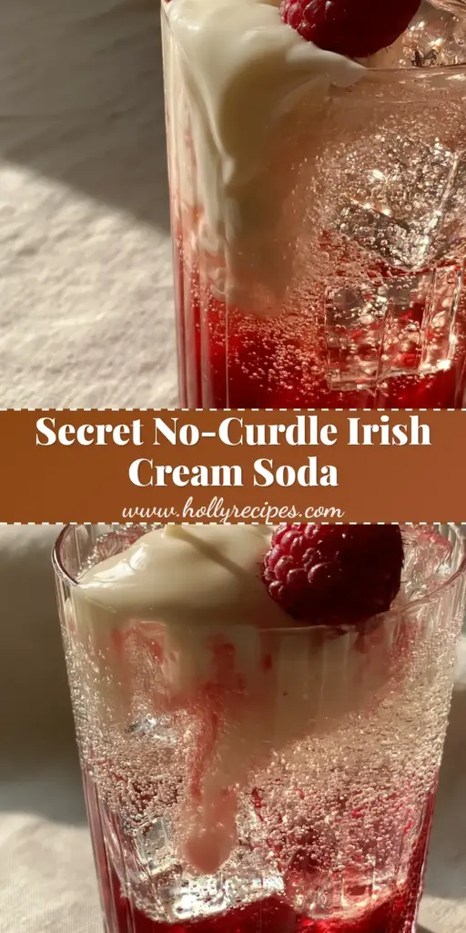 A tall ribbed glass featuring a layered Homemade Fruit Irish Cream Soda with deep red raspberry syrup, clear ice, and a marbled cream cloud on top.